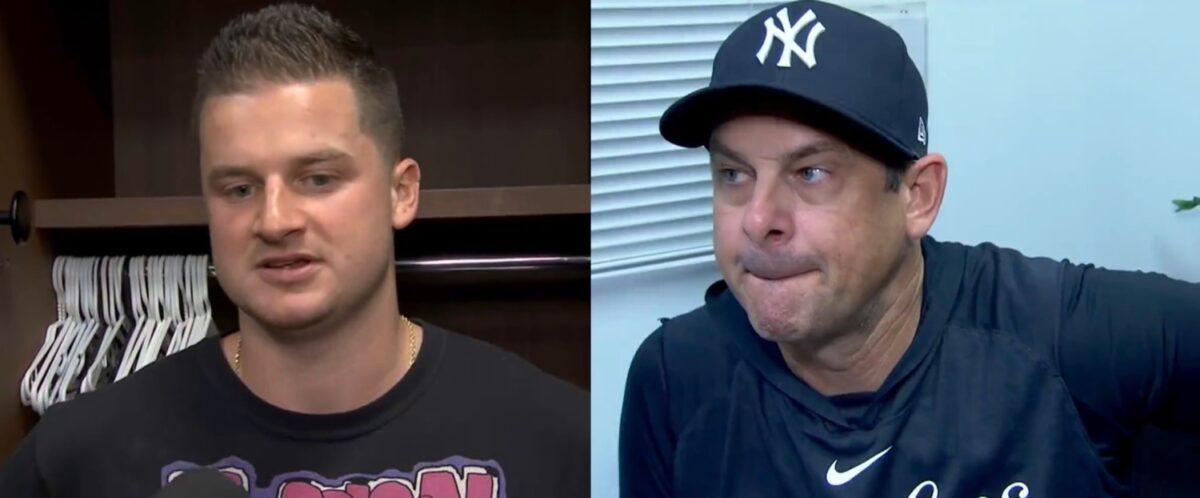 Pitcher Clarke Schmidt and Yankees manager Aaron Boone were talking to reporters after their 11-3 defeat in Atlanta on Aug 14, 2023.