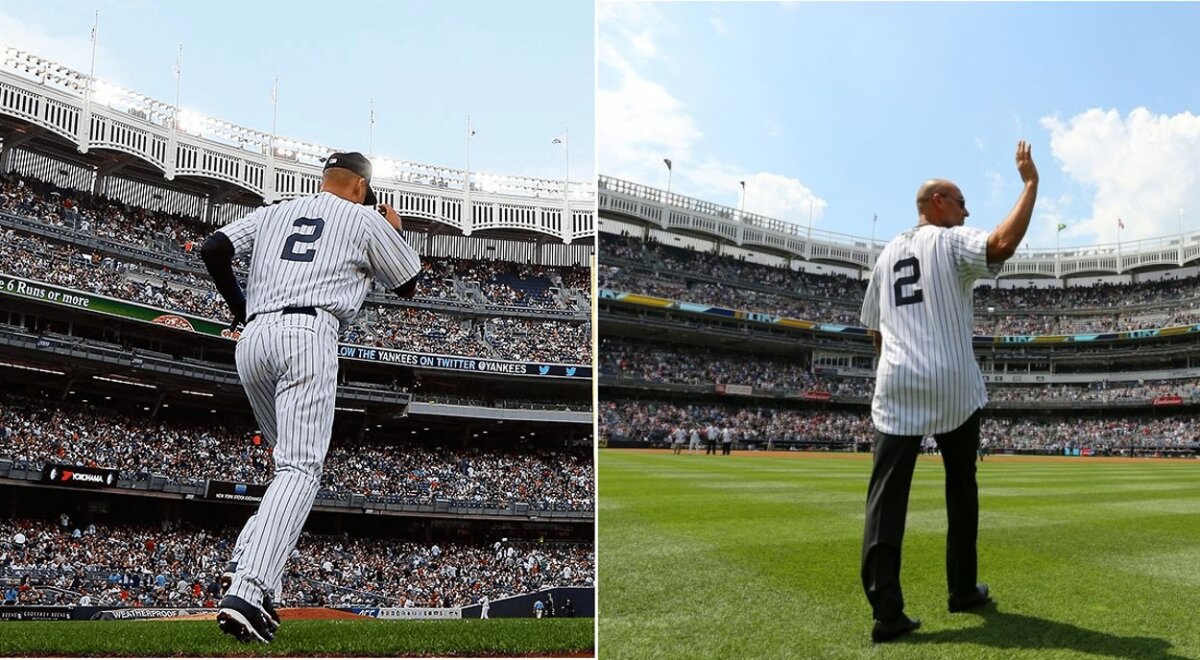 Derek Jeter at Yankee Stadium in his last game on September 25, 2014, and on return on May 14, 2017.