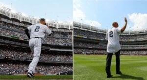 Derek Jeter at Yankee Stadium in his last game on September 25, 2014, and on return on May 14, 2017.