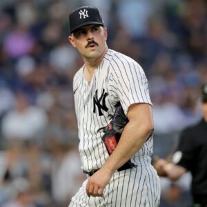 Yankees starter Carlos Rodon reacts after a rough outing vs. the Rays on Aug 1 at Yankee Stadium.