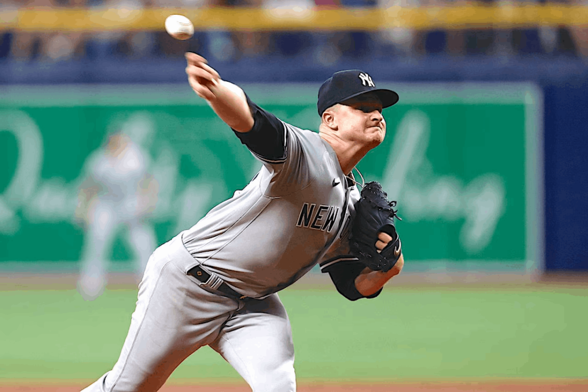 Aug 26, 2023; St. Petersburg, Florida, USA; New York Yankees Clarke Schmidt (36) pitcher throws a pitch against the Tampa Bay Rays in the first inning at Tropicana Field.