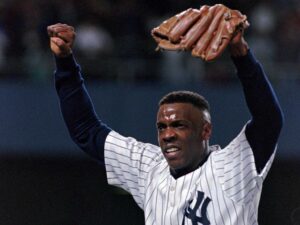 New York Yankees pitcher Dwight Gooden is carried off the field by his teammates after pitching a no-hitter against the Seattle Mariners on May 14, 1996. The Yankees won 2-0.