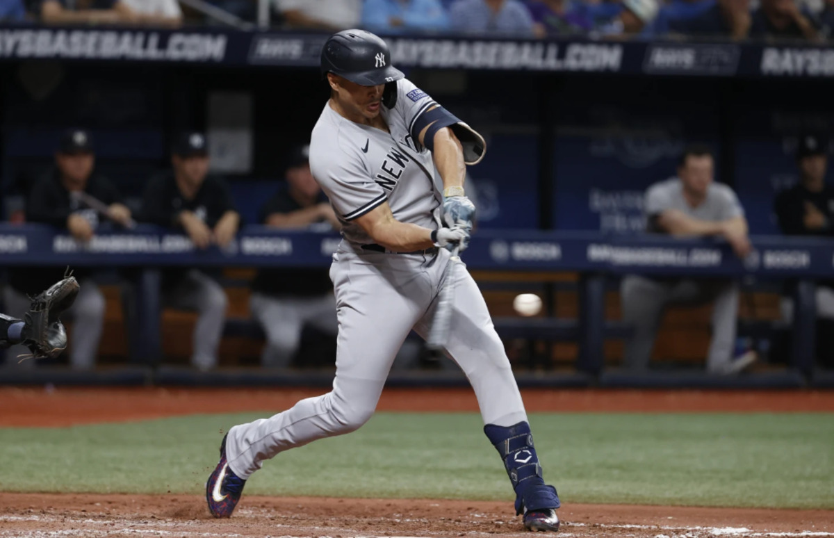 Giancarlo Stanton hits during the Yankees vs. Rays game at Tropicana Field on Aug 25, 2023.