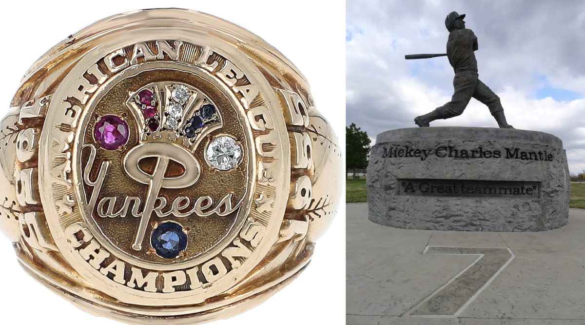Mickey Mantle's 1955 AL Championship Ring and his statue at Mickey Mantle Field at Commerce High School, Oklahoma.