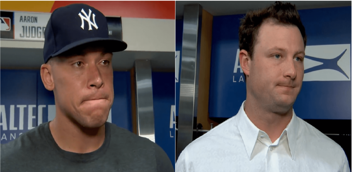 Yankees Aaron Judge and Gerrit Cole look downcast after the team's ninth-inning debacle in Miami on August 13, 2023.