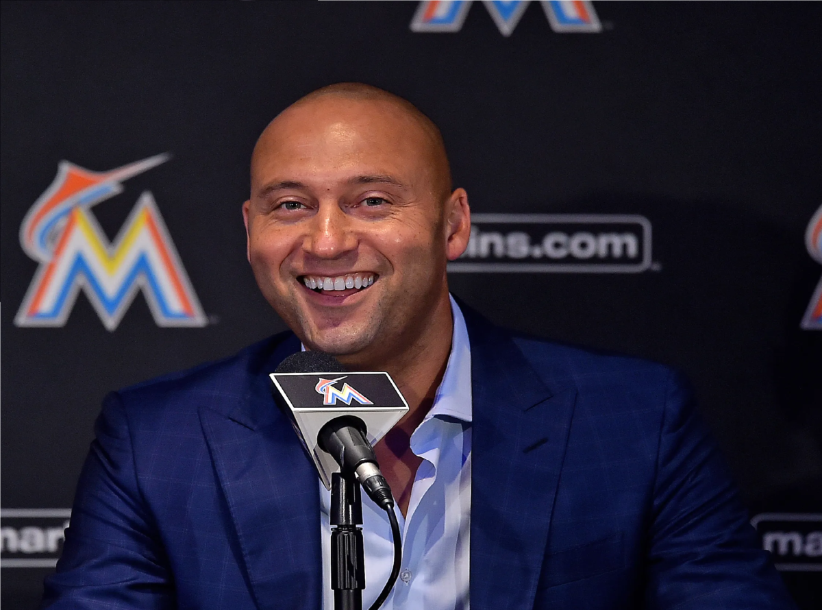 Derek Jeter addresses a press conference as CEO of the Miami Marlins. 