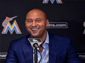 Derek Jeter addresses a press conference as CEO of the Miami Marlins.