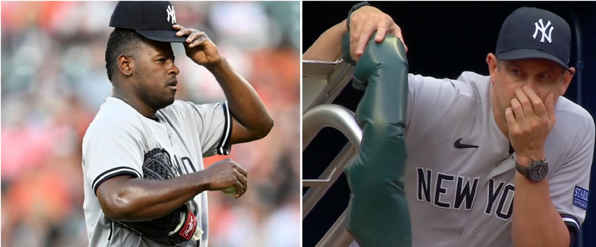 Luis Severino and manager Aaron Boone during the Yankees vs. Braves game on Aug 15, 2023 in Atlanta.