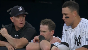 Yankees hitting coach Sean Casey is with Billy McKinney and Aaron Judge.at Yankee Stadium.