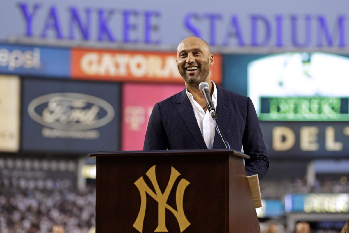 Yankees legend Derek Jeter is speaking at Yankee Stadium during his HoF ceremony in Sept 2022.