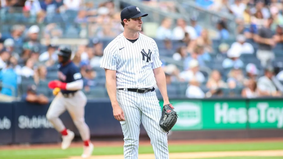 Aug 19, 2023; Bronx, New York, USA; New York Yankees starting pitcher Gerrit Cole (45) stands off the mound after giving up a two-run home run to Boston Red Sox catcher Connor Wong in the fourth inning at Yankee Stadium.