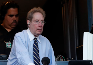 John Sterling at New York Yankees booth in Yankee Stadium.