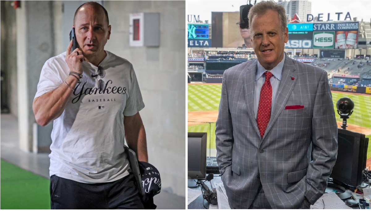 El GM de los Yankees Brian Cashman y la voz de los Yankees Michael Kay