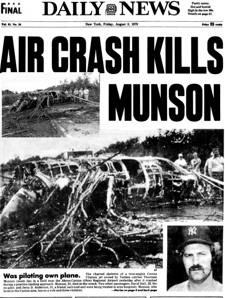 A Aug. 3, 1979 news telling about the death of Thurman Munson of the New York Yankees in a plane crash.