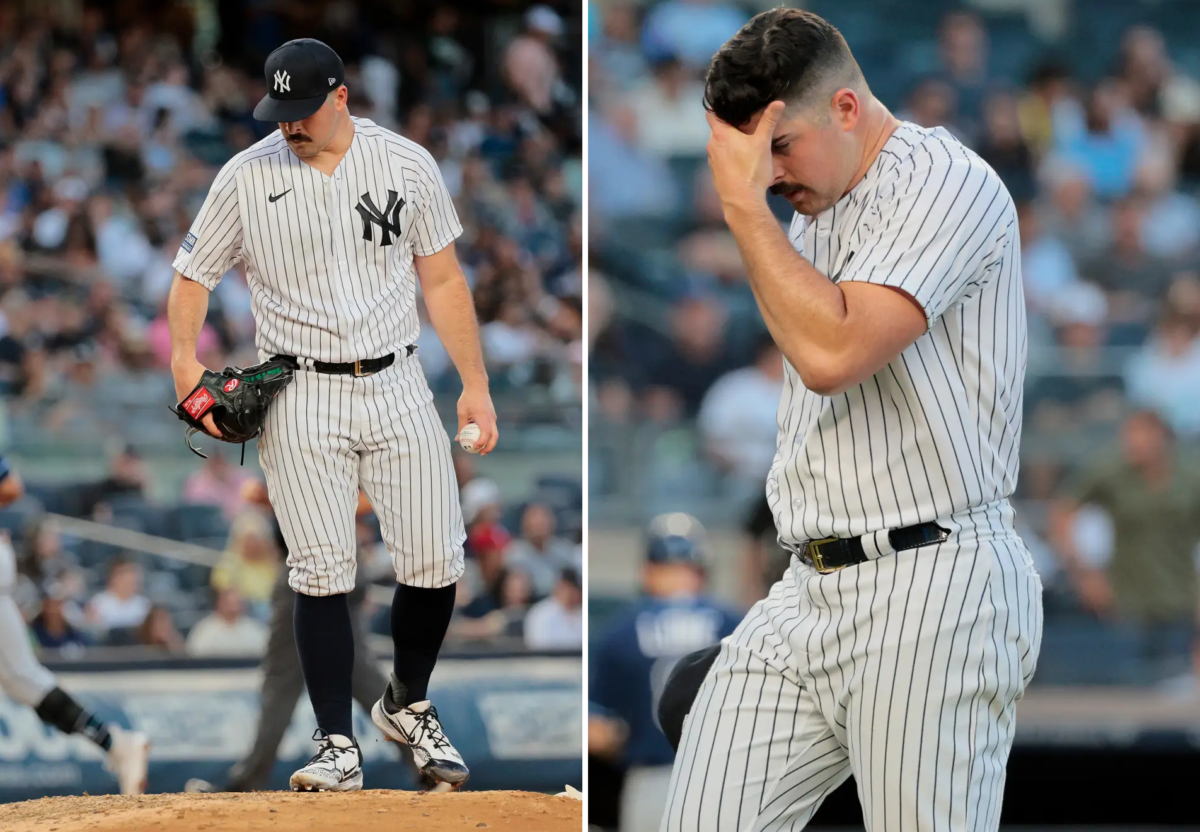 El abridor de los Yankees Carlos Rodon reacciona después de una dura salida contra los Rays el 1 de agosto en el Yankee Stadium.