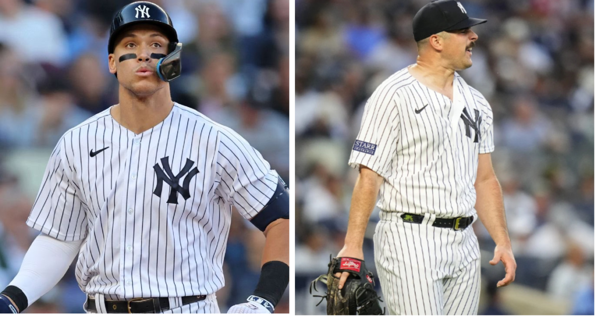 Yankees slugger Aaron Judge and starter Carlos Rodon are during the game vs. the Rays on Aug 1 at Yankee Stadium.