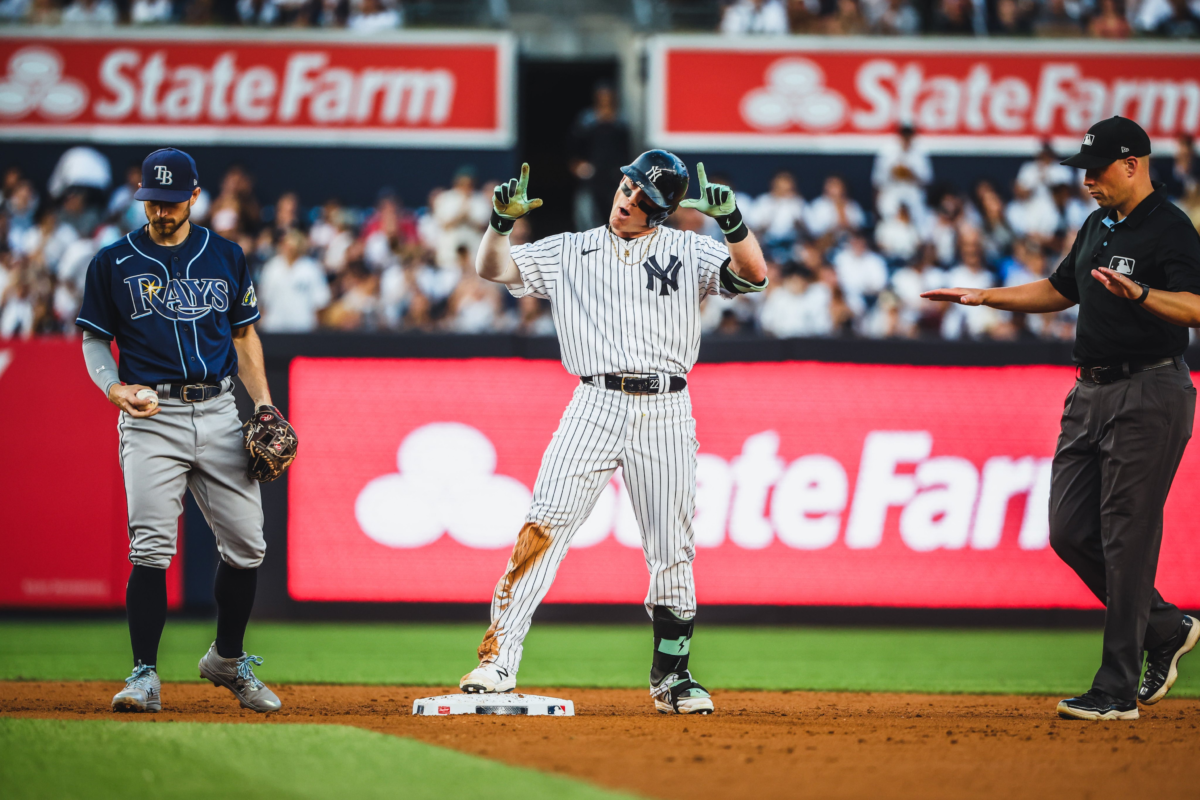 Harrison Bader is seen during the Yankees vs. Rays game at Yankee Stadium on Aug 2, 2023.