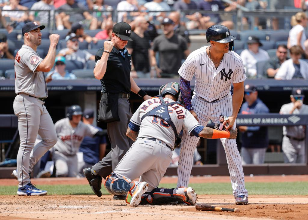 The slow running of Giancarlo Stanton deprived the Yankees of a run against the Astros on Aug 5, 2023, at Yankee Stadium.