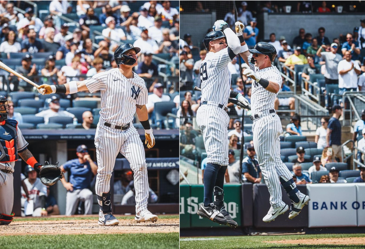 Yankees' Jake Bauers hits a home run and celebrates with Aaron Judge vs. The Astros on August 5, 2023, at Yankee Stadium.