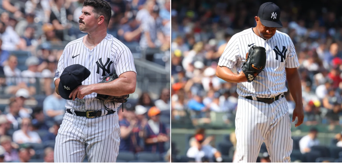 Yankees starter Carlos Rodon and bullpen pitcher Wandy Peralta during the game vs, the Astros on August 06, 2023, at Yankee Stadium.