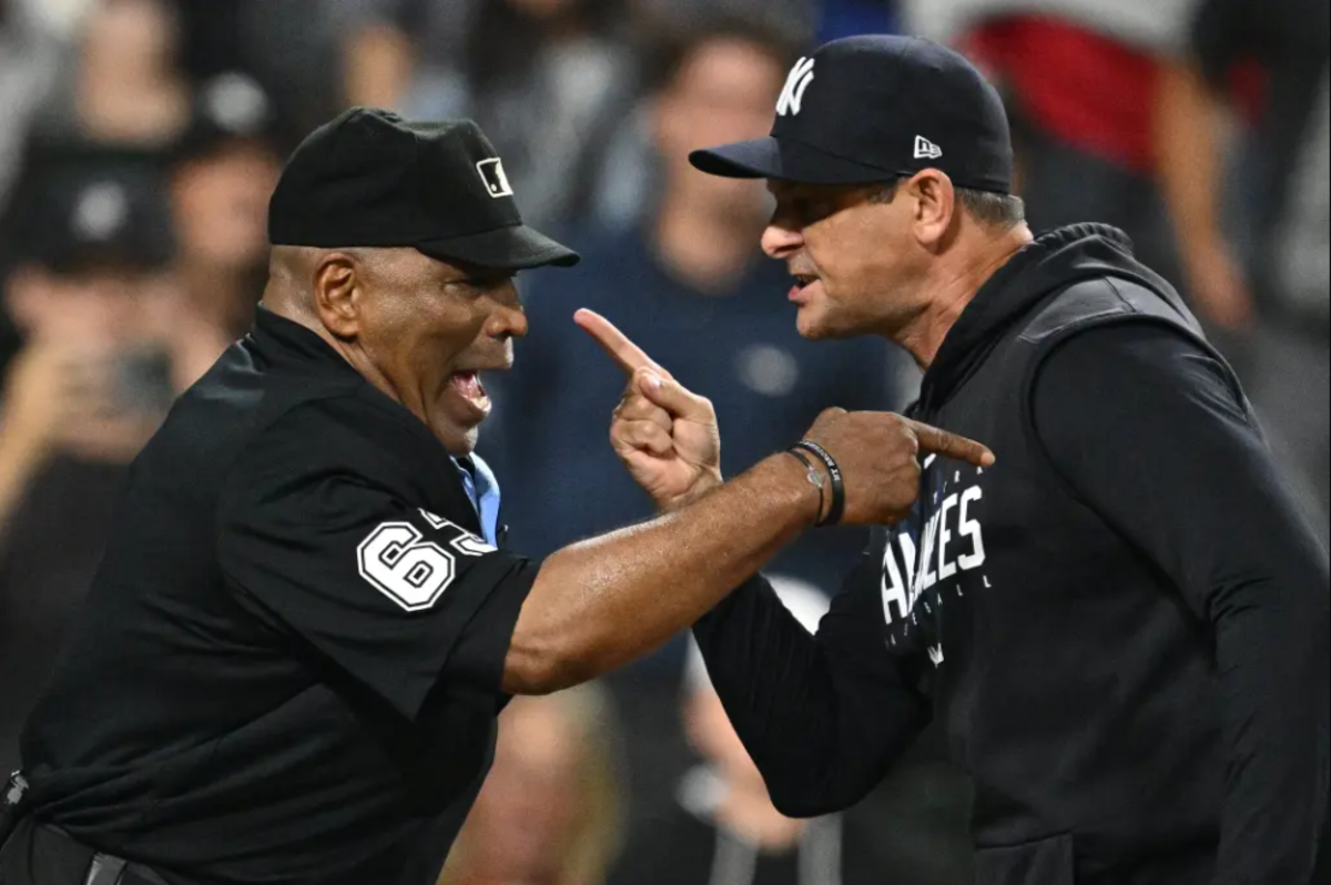 Aaron Boone is arguing with umpire Laz Diaz before his ejection during the game against the White Sox on Aug 7, 2023, at Guaranteed Rate Field.