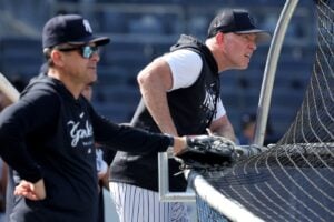 Yankees manager Aaron Boone and hitting coach Sean Casey are at practice session before the game vs. the Rays at Yankee Stadium on July 31, 2023.