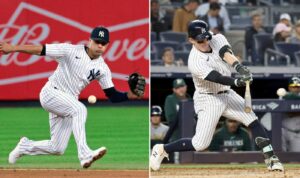 Harrison Bader and Isiah Kiner-Falefa of the New York Yankees