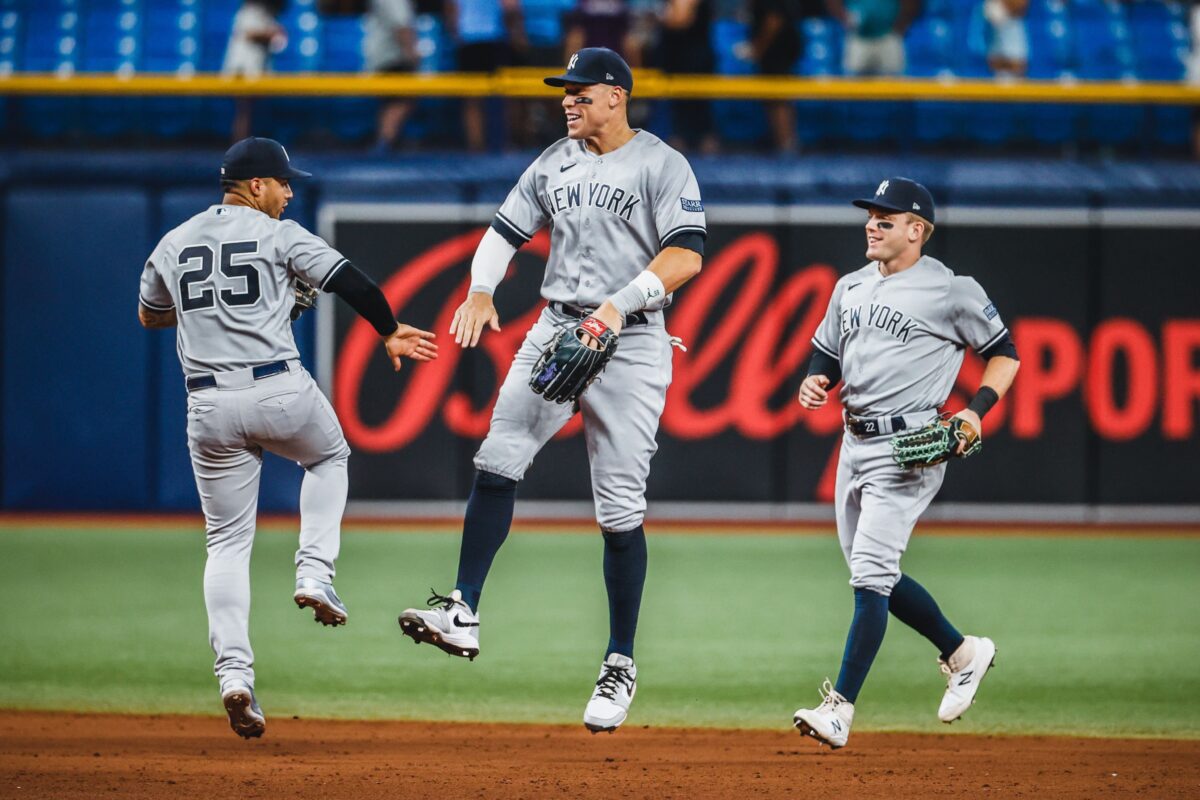 Aaron Judge and Harrison Bader, players of the New York Yankees during the 6-2 win against Rays, in Florida, on August 25, 2023.