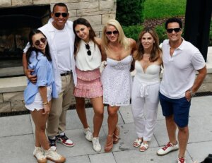 Alex Rodriguez with his daughters, girlfriend Jaclyn Cordeiro, and ex-wife Cynthia Scurtis and her husband.