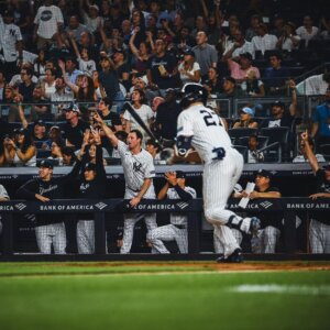 Yankees Gerrit Cole celebrates as Stanton hit his 400th homer vs. theTigers at Yankee Stadium on Sept 5, 2023.