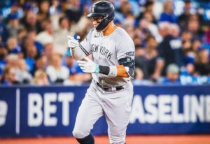 Yankees Aaron Judge in action in his two-homer game against the game against the Blue Jays in Toronto on Sept. 27, 2023.