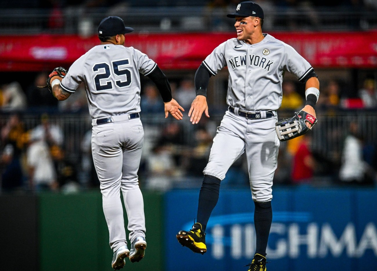Yankees Aaron Judge and Gleyber Torres celebrate after beating the Pirates 7-5 at PNC Park on Sept 15, 2023.