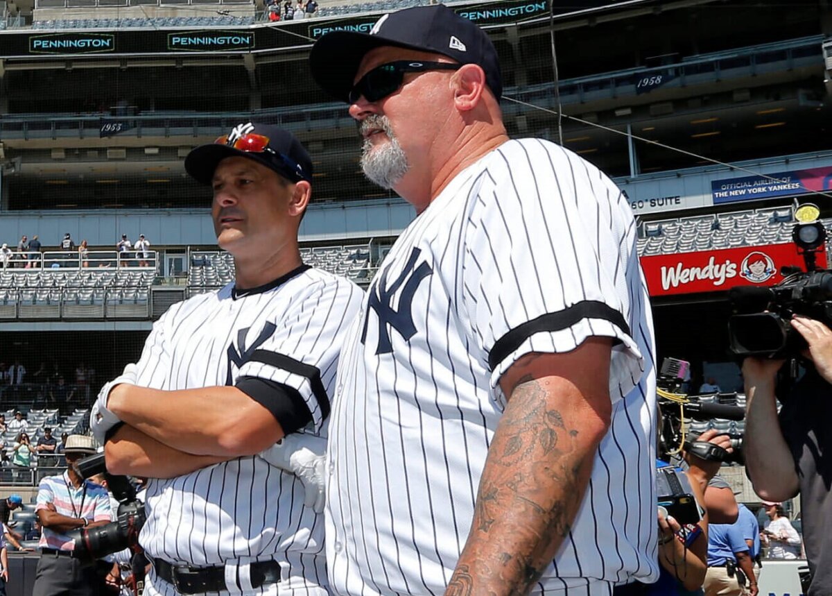Ex-Yankees pitcher David Wells is with Aaron Boone at Yankee Stadium during the Yankees Old-Timers Day on September 09, 2023.