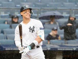 Aaron Judge reacts after striking out on a pitch from Arizona Diamondbacks starting pitcher Zac Gallen to end the fifth inning on Sunday.