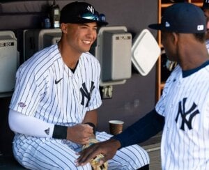 Anthony Volpe with Jhony Brito at Yankee Stadium.