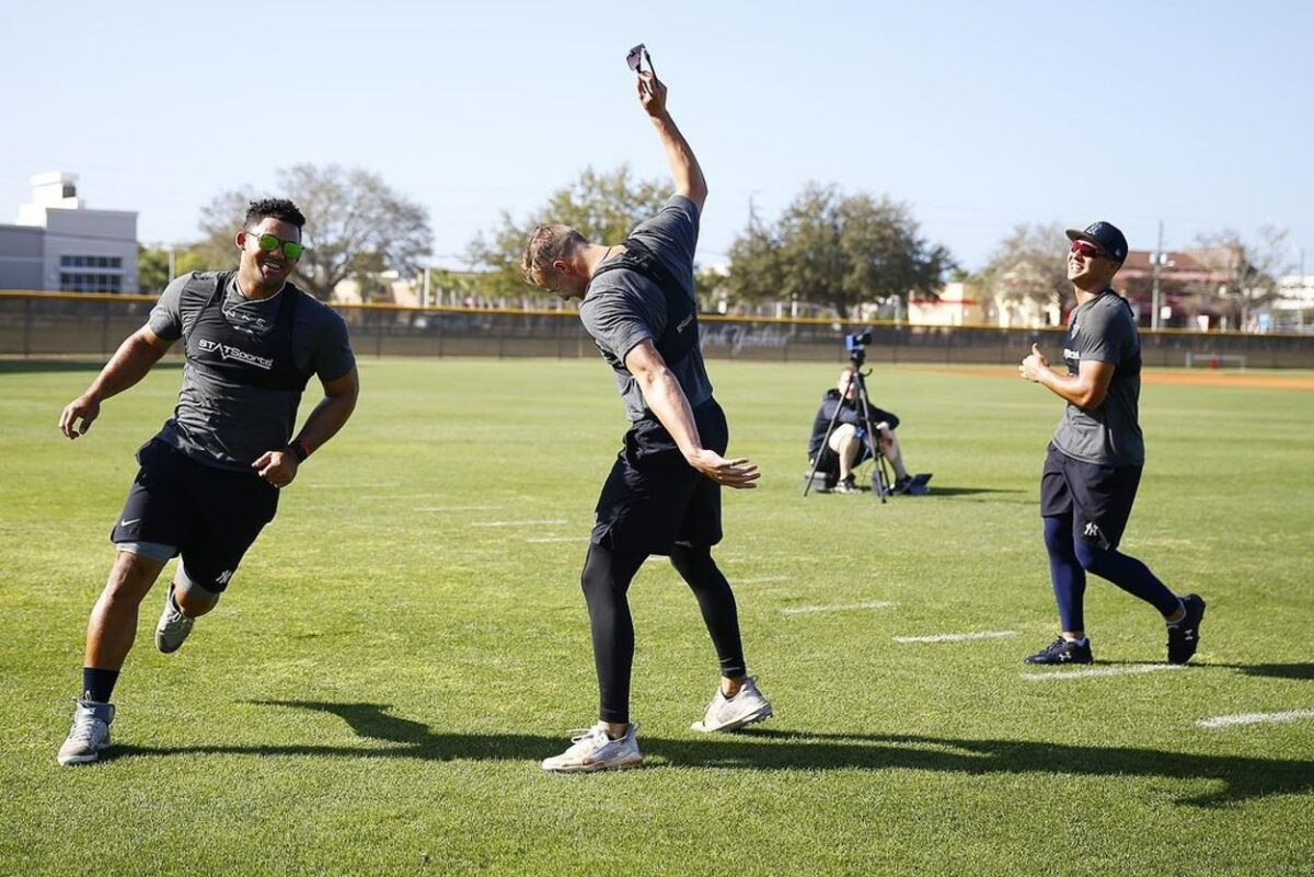 Yankees rookies Jasson Dominguez and Anthony Volpe are in a playful mood during a practice season in September 2023.