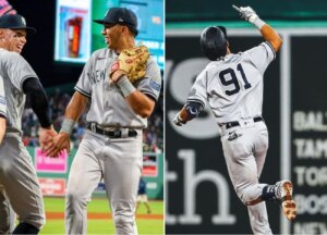 Oswald Peraza is with Yankees captain Aaron Judge and celebrates after hitting a home run in Yankees vs. Red Sox game on Sept 14, 2023, at Fenway Park.