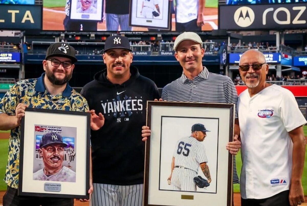 Yankees starting pitcher Nestor Cortes is presented with the 2022 Latino MVP award at Yankee Stadium on Sept. 20, 2023.