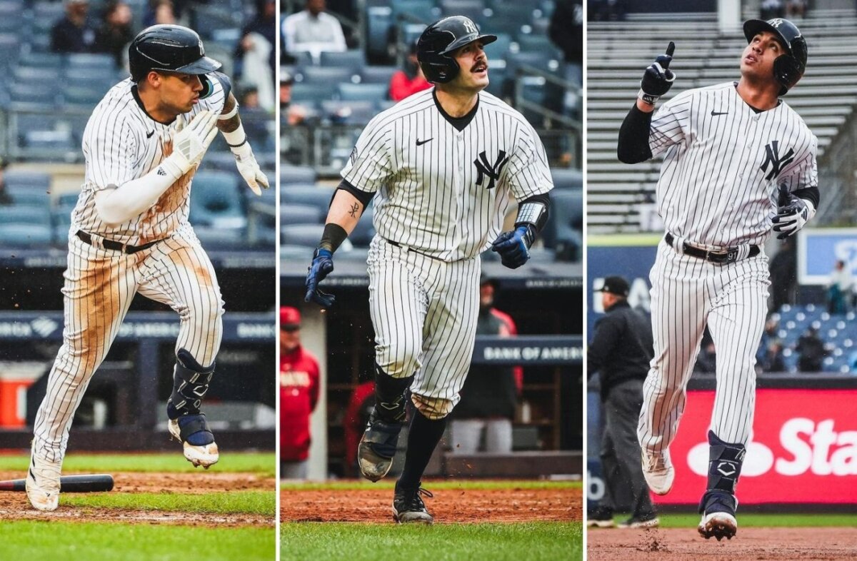 Yankees rookies Oswald Peraza, Austin Wells, and Everson Pereira in action at Yankee Stadium on September 25, 2023.