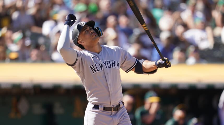 Aug 28, 2022; Oakland, California, USA; New York Yankees designated hitter Giancarlo Stanton (27) reacts after hitting a pop fly to third base against the Oakland Athletics in the eighth inning at RingCentral Coliseum. Mandatory Credit: Cary Edmondson-USA TODAY Sports