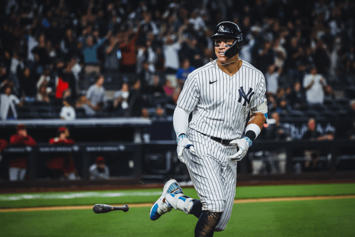 The Yankee star Aaron Judge's triumphant moment as he hits a home run in the game between the New York Yankees against the Diamondbacks.