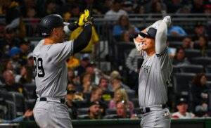 Aaron Judge celebrates with Oswaldo Cabrera, who hit a home run in the Yankees vs. Pirates game on Sept. 16, 2023, at PNC Park.