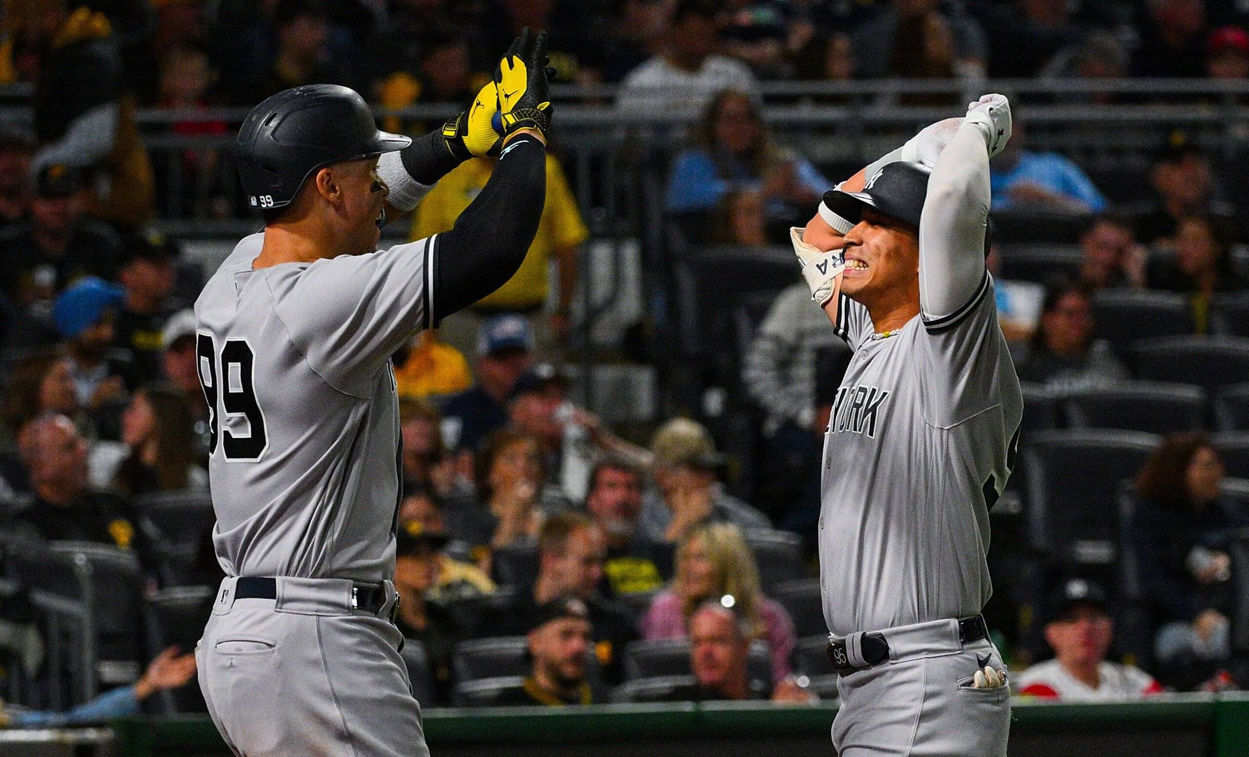 Aaron Judge celebrates with Oswaldo Cabrera, who hit a home run in the Yankees vs. Pirates game on Sept. 16, 2023, at PNC Park.