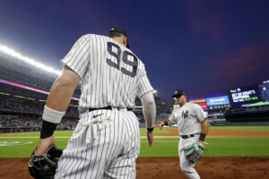 Yankees captain Aaron Judge with rookie sensation Jasson Dominguez at Yankee Stadium on September 5, 2023, in a game vs. the Tigers.