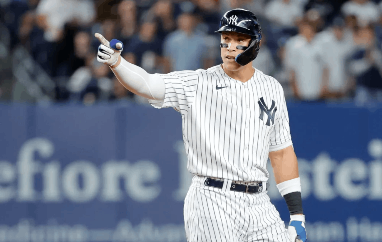 Aaron Judge reacts after connecting on an RBI double against the Toronto Blue Jays in September 2023.