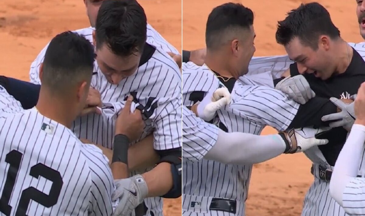 Kiner-Falefa ripping Higgy's jersey off after his HR gave the Yankees a win over the Tigers.