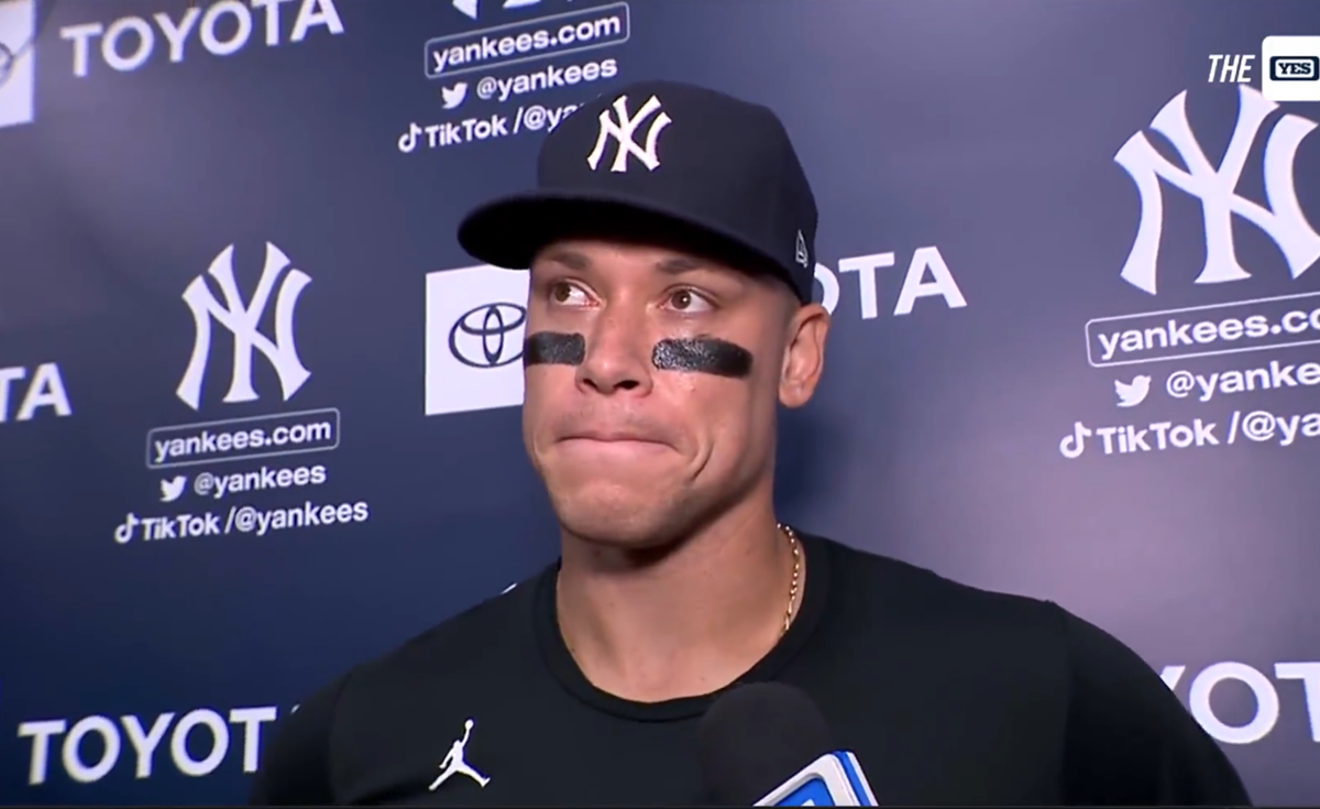 Aaron Judge talks to reporters after the Yankees lost 7-1 to Dbacks on Sept 24, 2023, at Yankee Stadium.