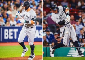 Yankees Aaron Judge in action in his two-homer game against  the game against the Blue Jays in Toronto on Sept. 27, 2023.