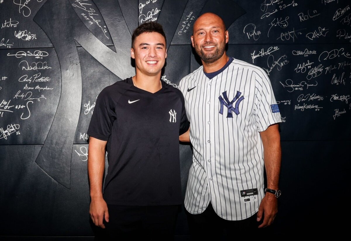 Derek Jeter with Anthony Volpe at Yankee Stadium during the Yankees Old-Timers Day on September 09, 2023.