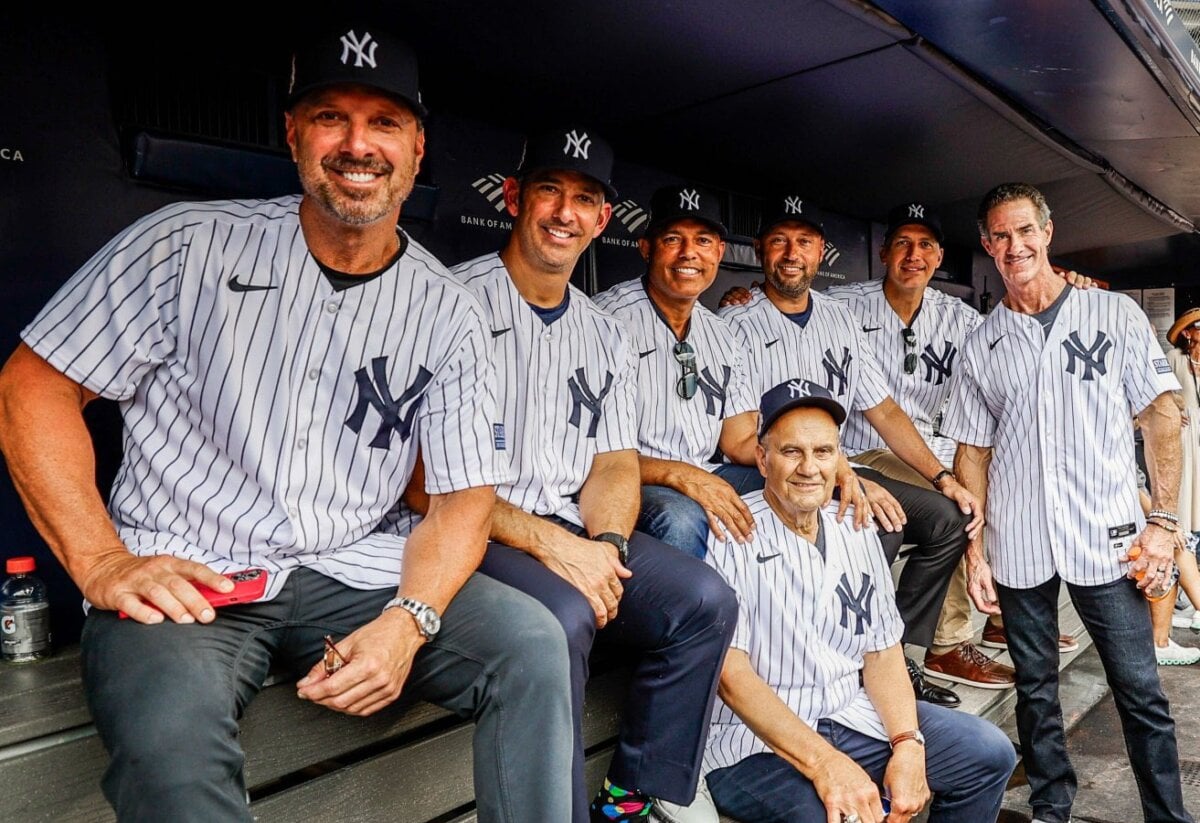 Yankees 1998 heroes with their manager Joe Torre at Yankee Stadium dugout on Sept. 09, 2023.